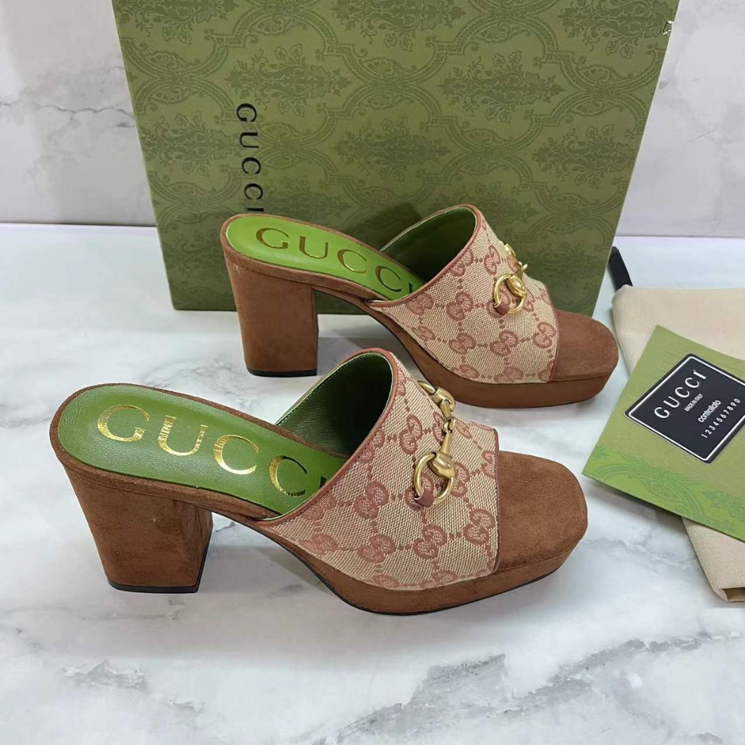 Gucci Women's Slide Sandal With Horsebit By Fabric Canavas Brown For